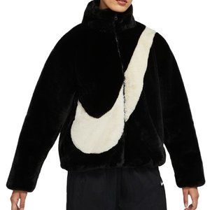 Nike Sportswear NSW Women's XS Oversized Swoosh Faux Fur Black Jacket DM1759-010